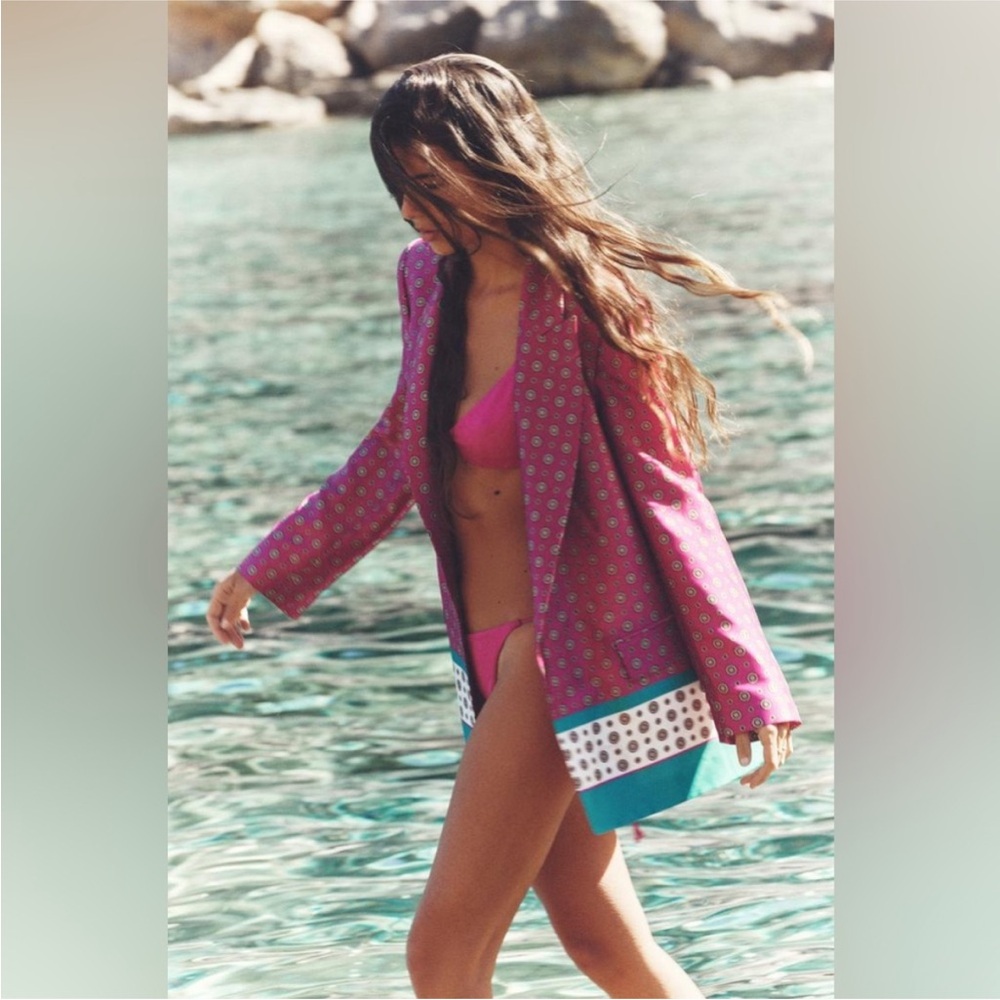 Zara Satin Effect Printed Open Front Blazer Jacket Pink Teal Blue size Small - Picture 7 of 14